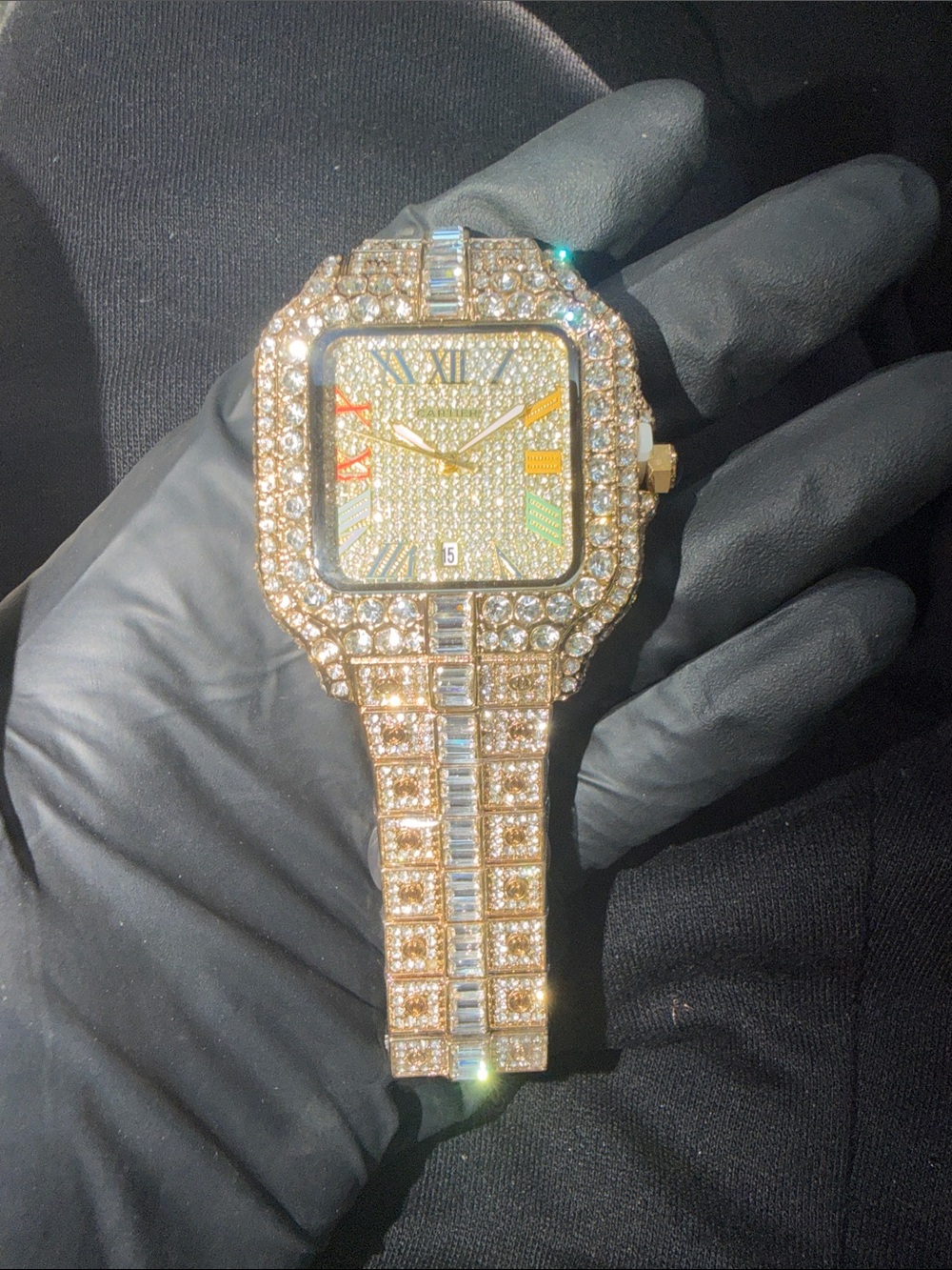 20 CT VVS Moissanite Rainbow Dial Santos Style Watch – Rose Gold